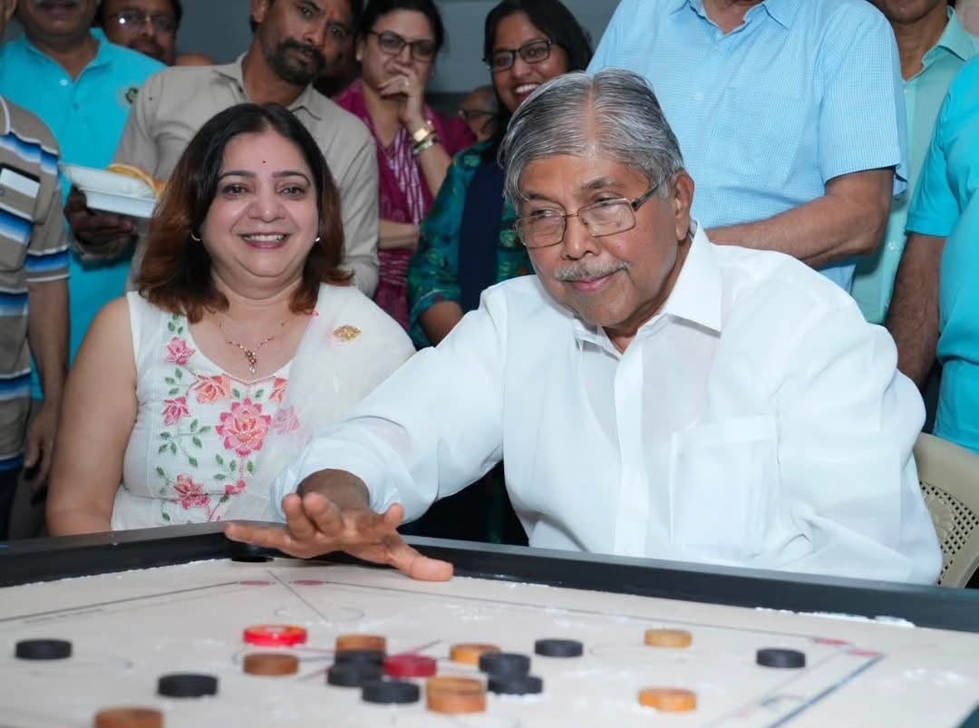 The first game of carrom at the new Swapnashilp centre
