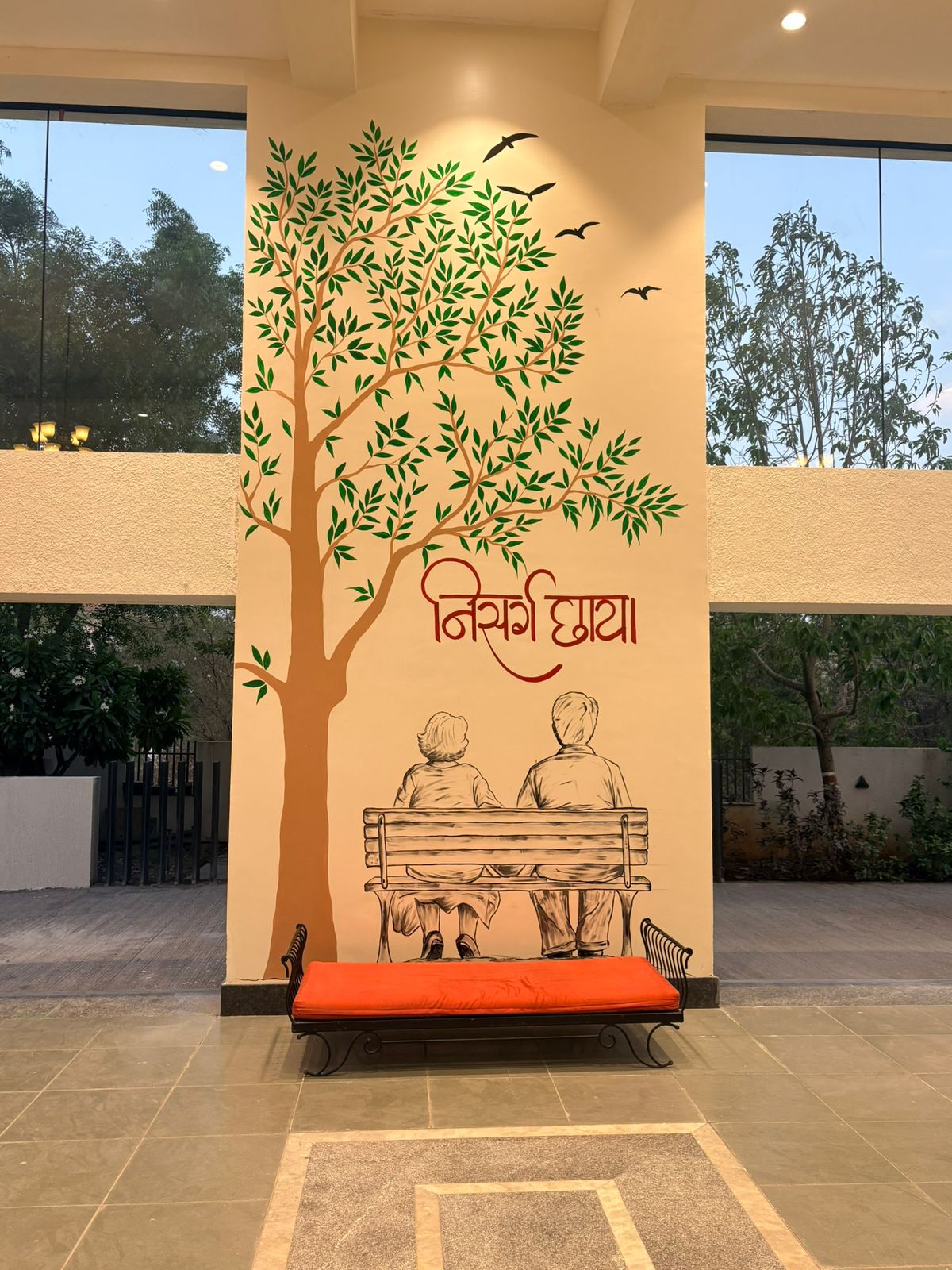 Yoga and meditation hall with mats and Buddha mural